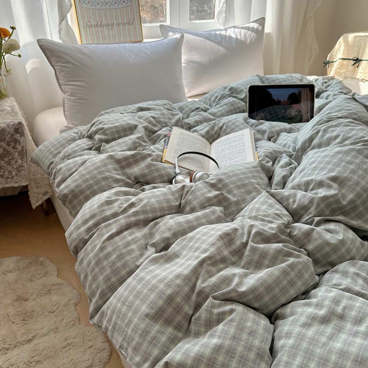 91家纺网 家纺一手货源 找家纺 六巷胡同 2026新款A类全棉纯棉水洗棉色织格子单品被套 被套单件 知序-绿格