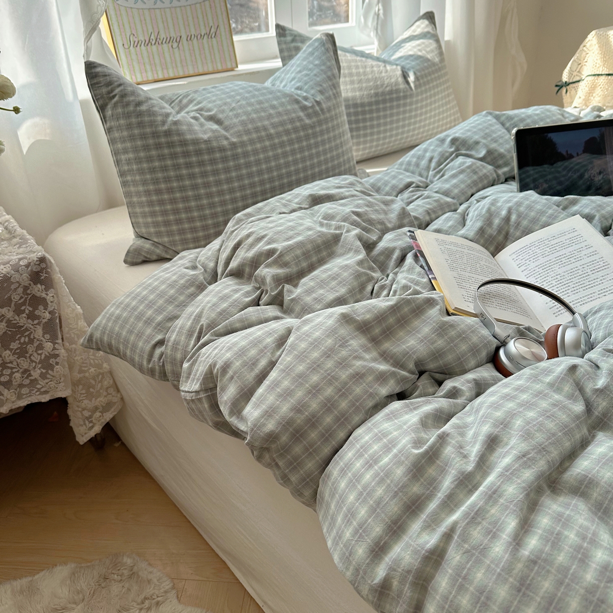 91家纺网 家纺一手货源 找家纺 六巷胡同 2026新款A类全棉纯棉水洗棉色织格子单品被套 被套单件 知序-绿格