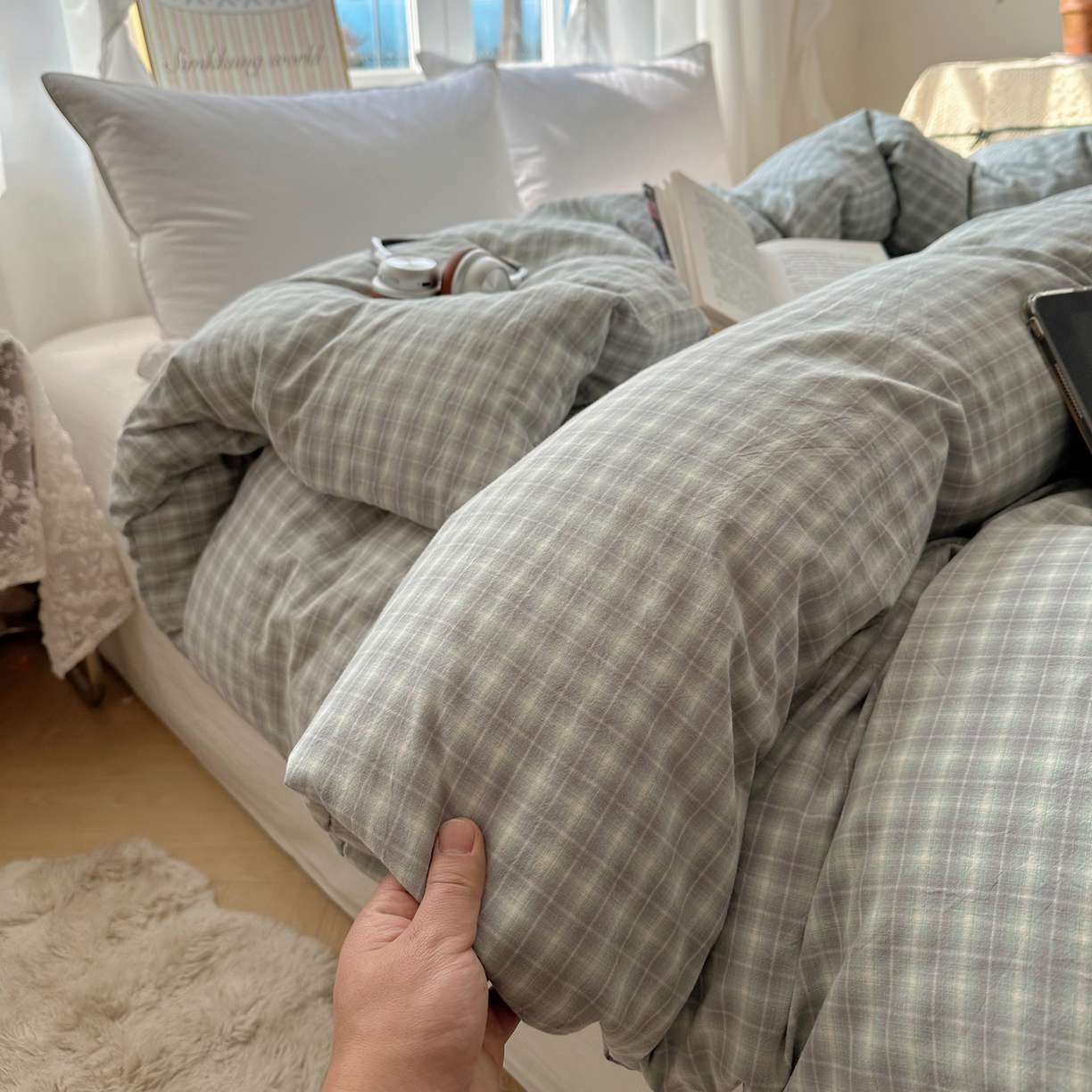 91家纺网 家纺一手货源 找家纺 六巷胡同 2026新款A类全棉纯棉水洗棉色织格子单品被套 被套单件 知序-绿格