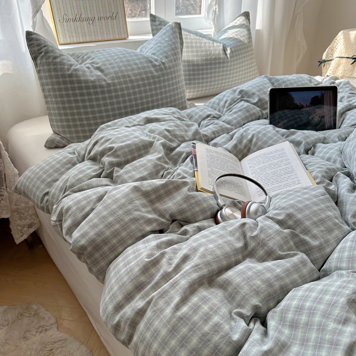 91家纺网 家纺一手货源 找家纺 六巷胡同 2026新款A类全棉纯棉水洗棉色织格子单品被套 被套单件 知序-绿格