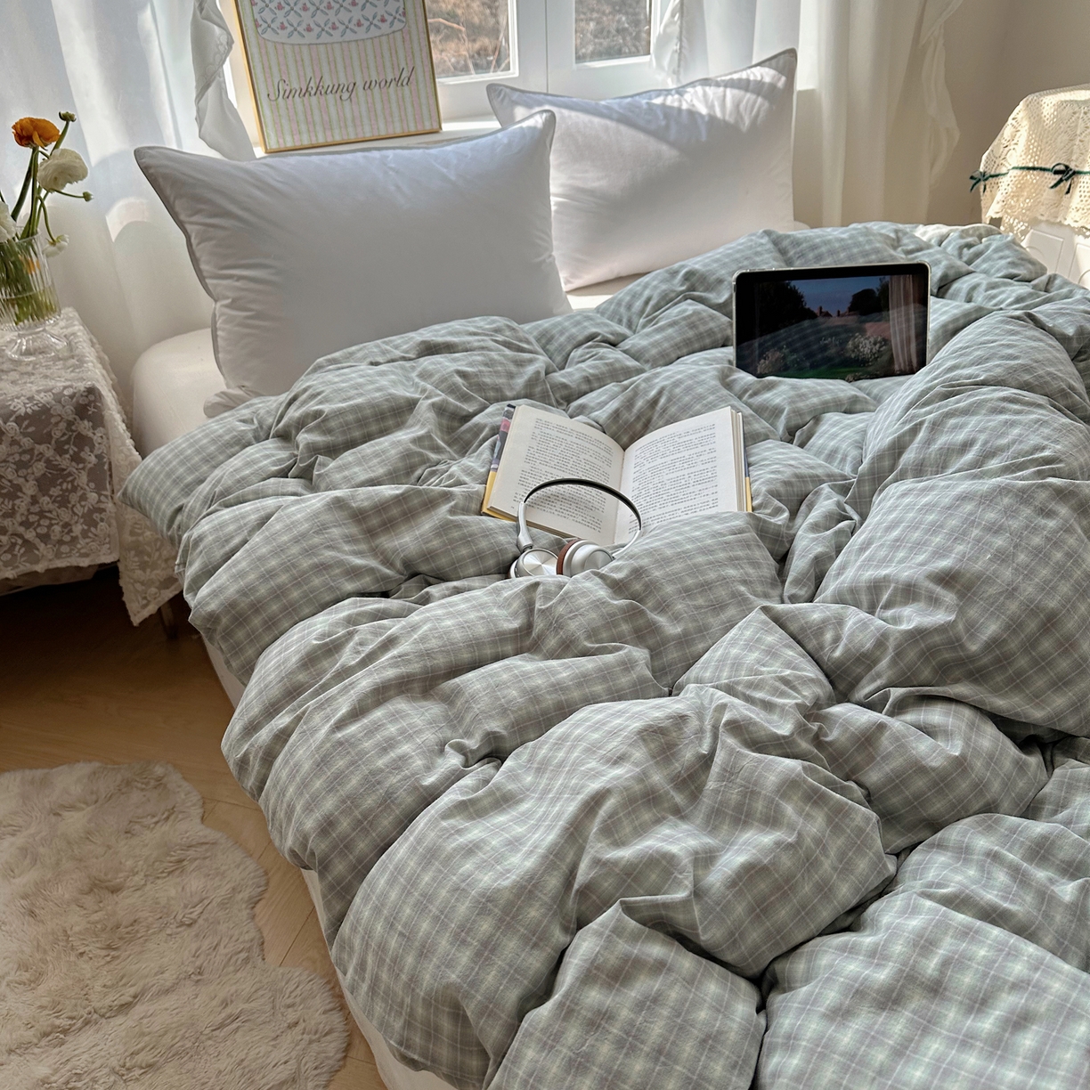 91家纺网 家纺一手货源 找家纺 六巷胡同 2026新款A类全棉纯棉水洗棉色织格子单品被套 被套单件 知序-绿格