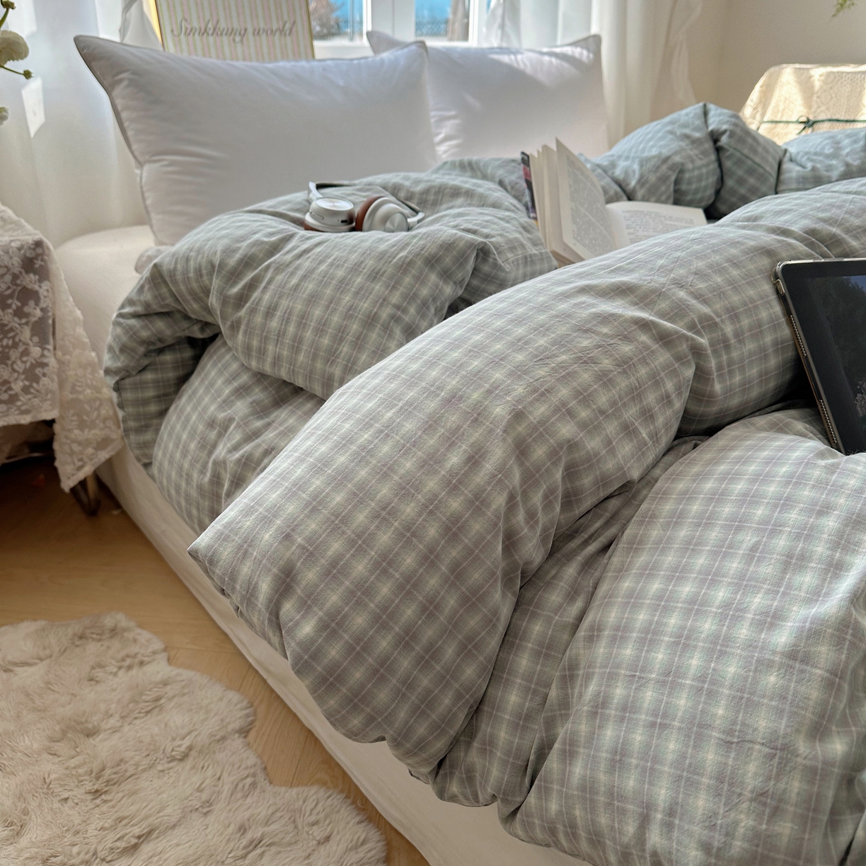91家纺网 家纺一手货源 找家纺 六巷胡同 2026新款A类全棉纯棉水洗棉色织格子单品被套 被套单件 知序-绿格