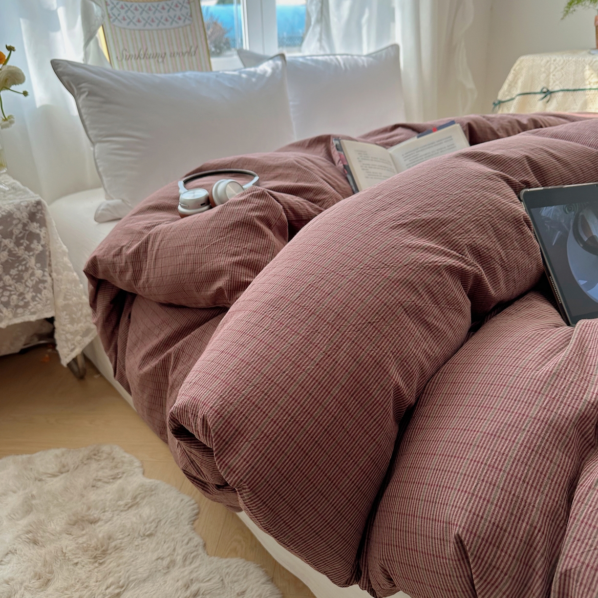 91家纺网 家纺一手货源 找家纺 六巷胡同 2026新款A类全棉纯棉水洗棉色织格子单品被套 被套单件 逐风-红格