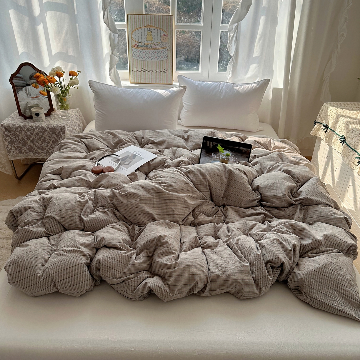 91家纺网 家纺一手货源 找家纺 六巷胡同 2026新款A类全棉纯棉水洗棉色织格子单品被套 被套单件 逐风-灰格