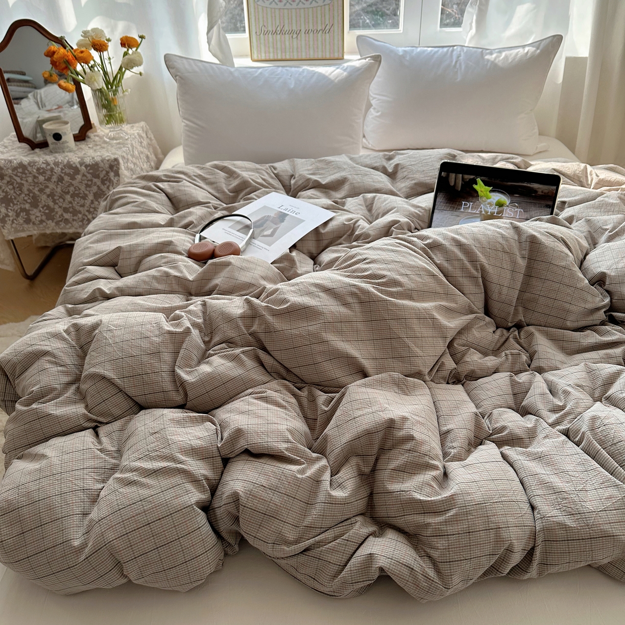 91家纺网 家纺一手货源 找家纺 六巷胡同 2026新款A类全棉纯棉水洗棉色织格子单品被套 被套单件 逐风-灰格