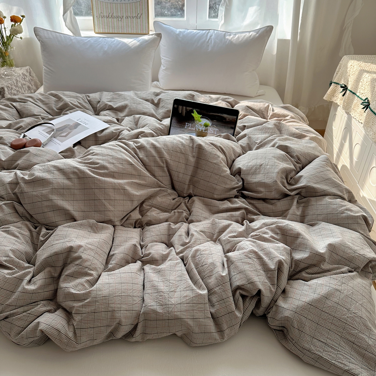 91家纺网 家纺一手货源 找家纺 六巷胡同 2026新款A类全棉纯棉水洗棉色织格子单品被套 被套单件 逐风-灰格