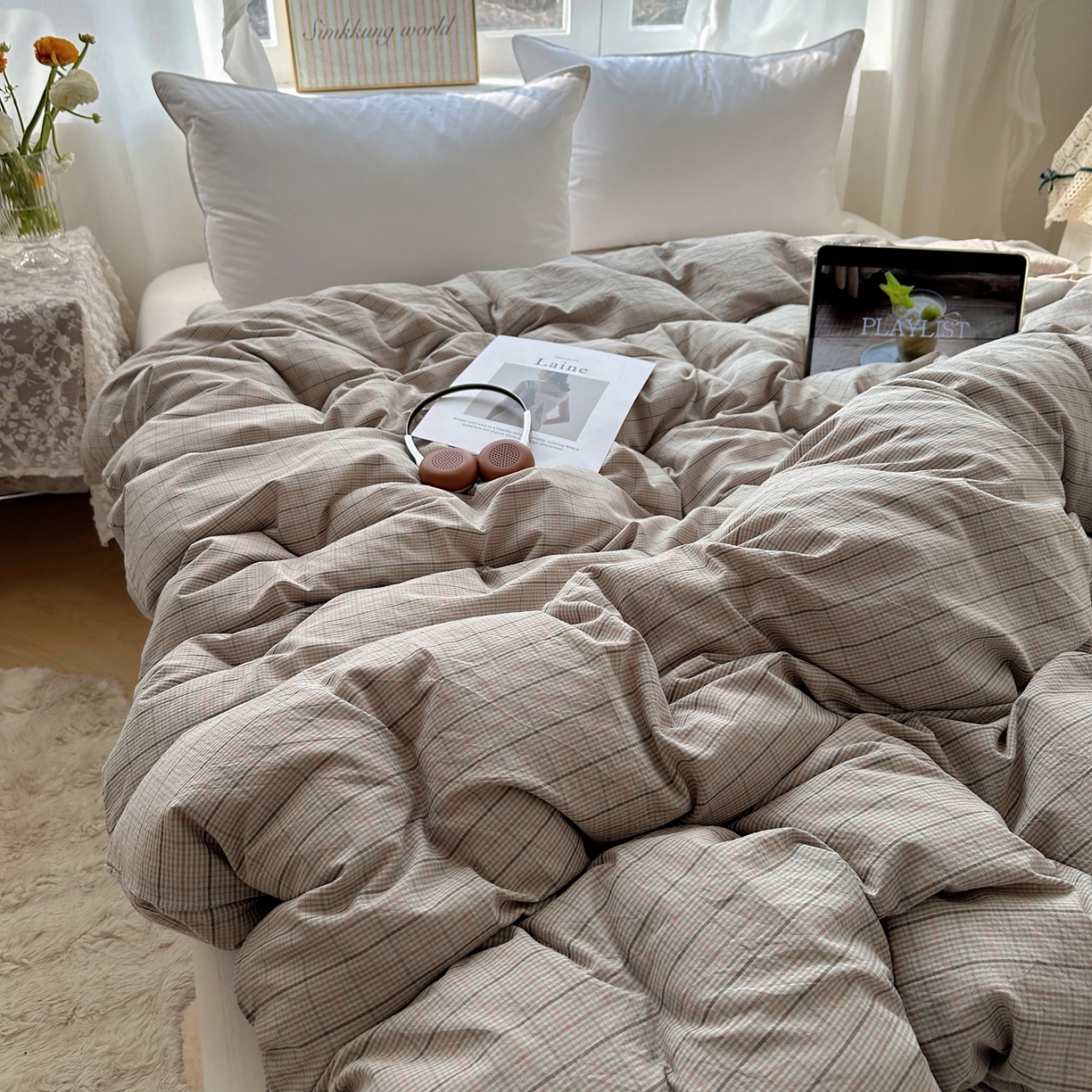 91家纺网 家纺一手货源 找家纺 六巷胡同 2026新款A类全棉纯棉水洗棉色织格子单品被套 被套单件 逐风-灰格