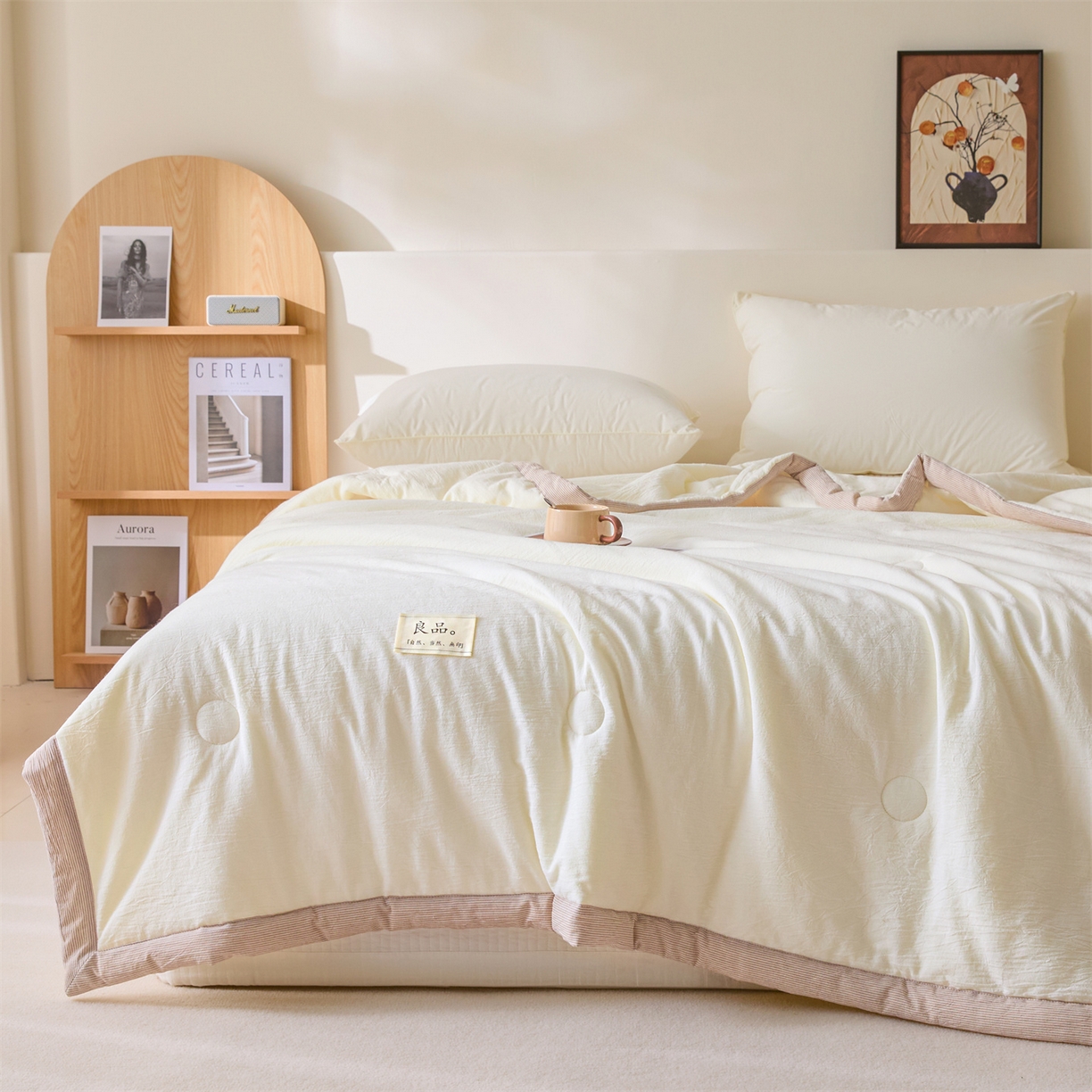 91家纺网 家纺一手货源 找家纺 创优家纺 2026新款无印风21%大豆夏凉被大豆纤维手包边款夏凉被夏被空调被子被芯 良品-米白