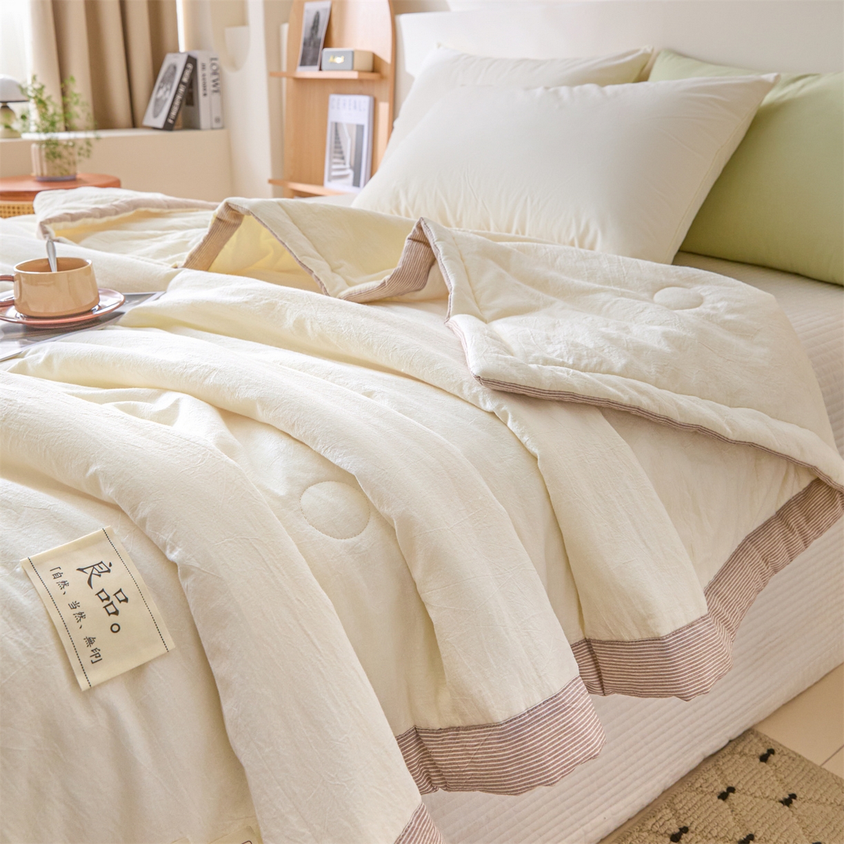 91家纺网 家纺一手货源 找家纺 创优家纺 2026新款无印风21%大豆夏凉被大豆纤维手包边款夏凉被夏被空调被子被芯 良品-米白