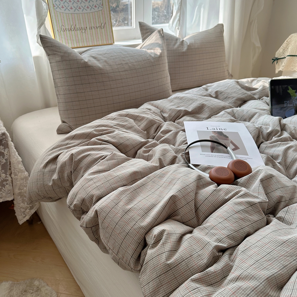 91家纺网 家纺一手货源 找家纺 六巷胡同 2026新款A类全棉纯棉水洗棉色织格子单品被套 被套单件 逐风-灰格