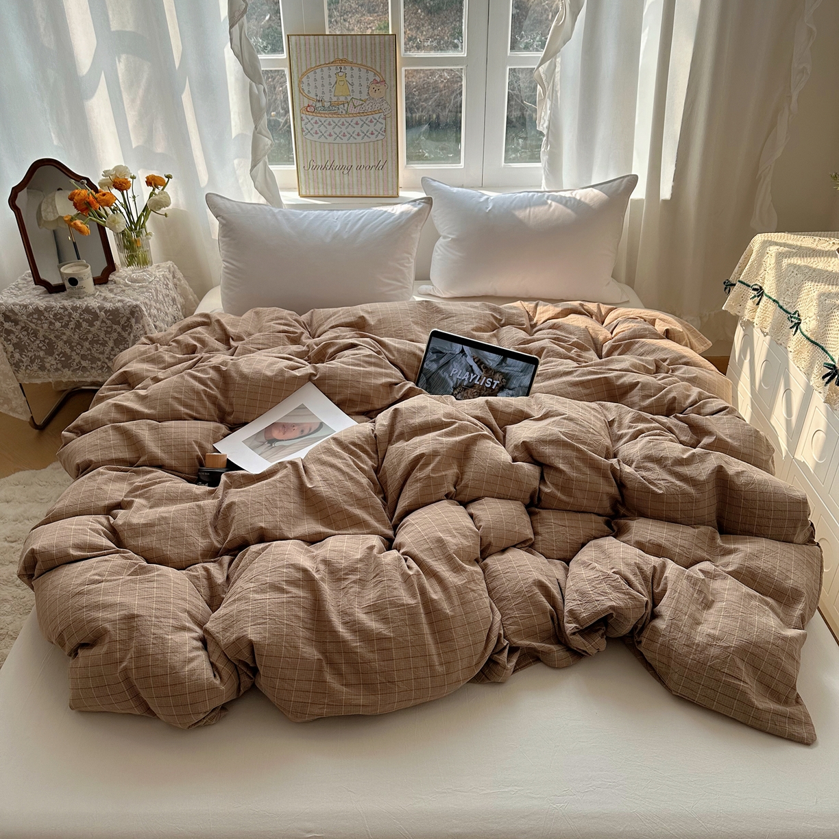 91家纺网 家纺一手货源 找家纺 六巷胡同 2026新款A类全棉纯棉水洗棉色织格子单品被套 被套单件 逐风-咖格
