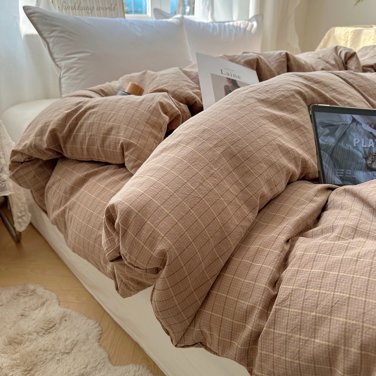 91家纺网 家纺一手货源 找家纺 六巷胡同 2026新款A类全棉纯棉水洗棉色织格子单品被套 被套单件 逐风-咖格