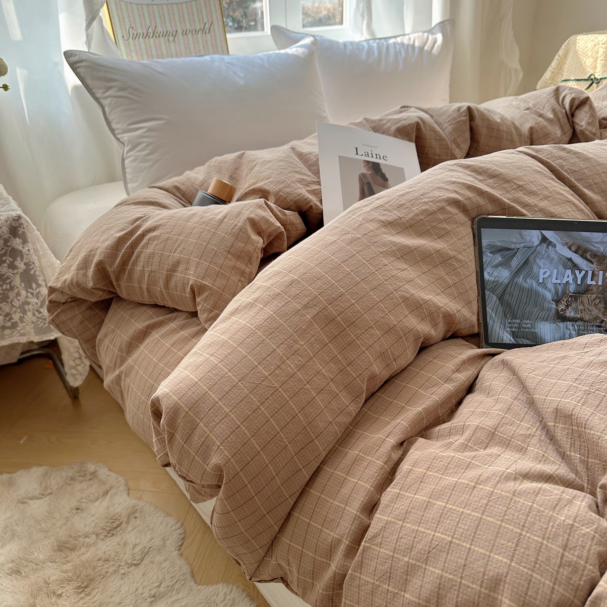 91家纺网 家纺一手货源 找家纺 六巷胡同 2026新款A类全棉纯棉水洗棉色织格子单品被套 被套单件 逐风-咖格