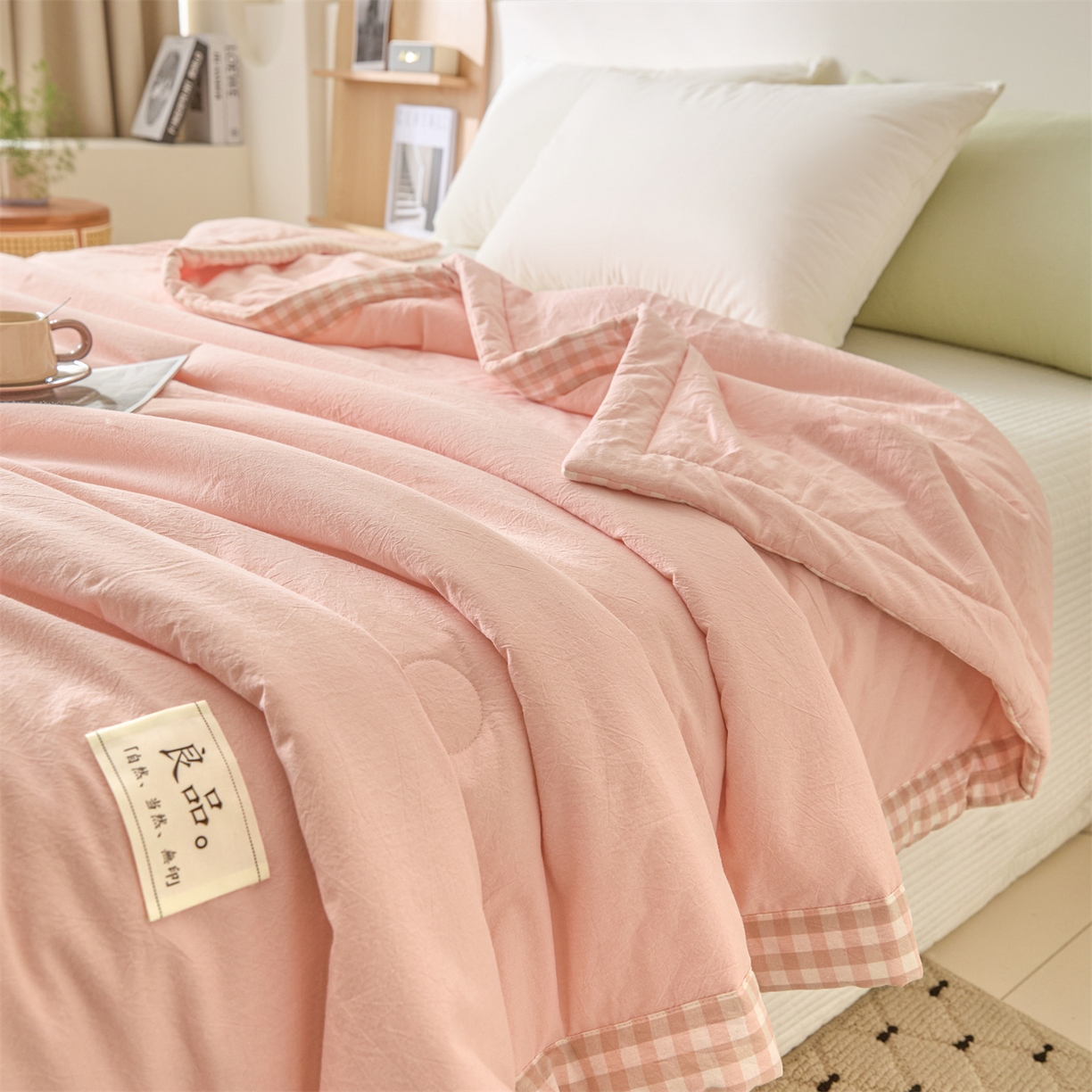 91家纺网 家纺一手货源 找家纺 创优家纺 2026新款无印风21%大豆夏凉被大豆纤维手包边款夏凉被夏被空调被子被芯 良品-粉色