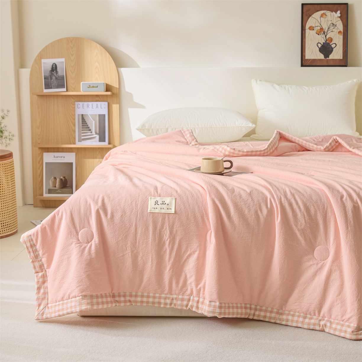 91家纺网 家纺一手货源 找家纺 创优家纺 2026新款无印风21%大豆夏凉被大豆纤维手包边款夏凉被夏被空调被子被芯 良品-粉色
