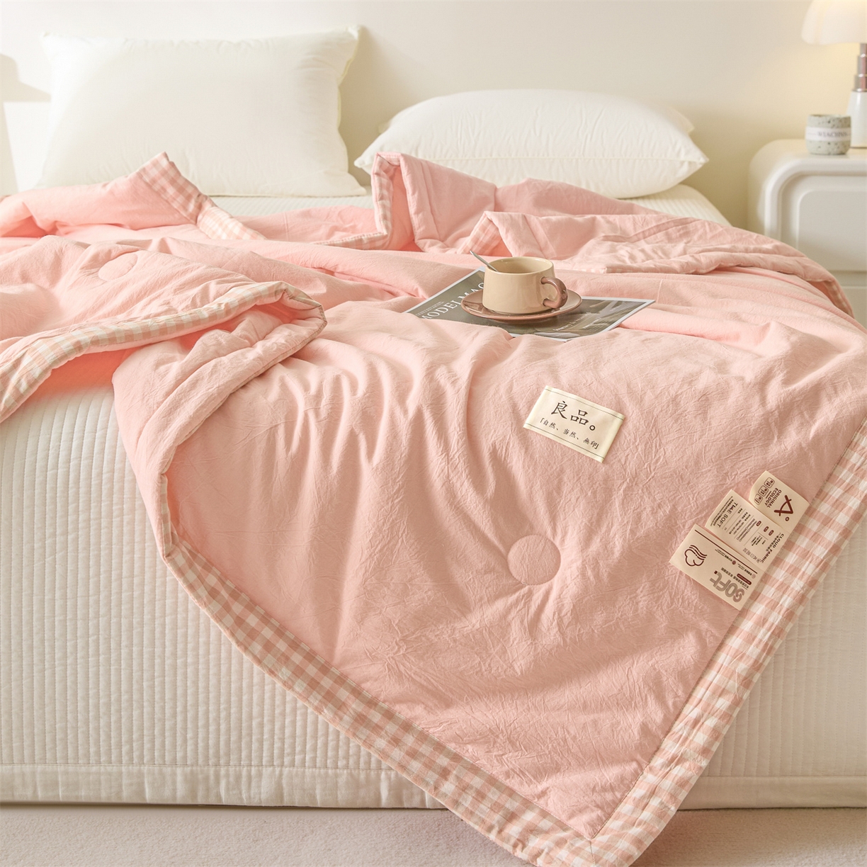 91家纺网 家纺一手货源 找家纺 创优家纺 2026新款无印风21%大豆夏凉被大豆纤维手包边款夏凉被夏被空调被子被芯 良品-粉色