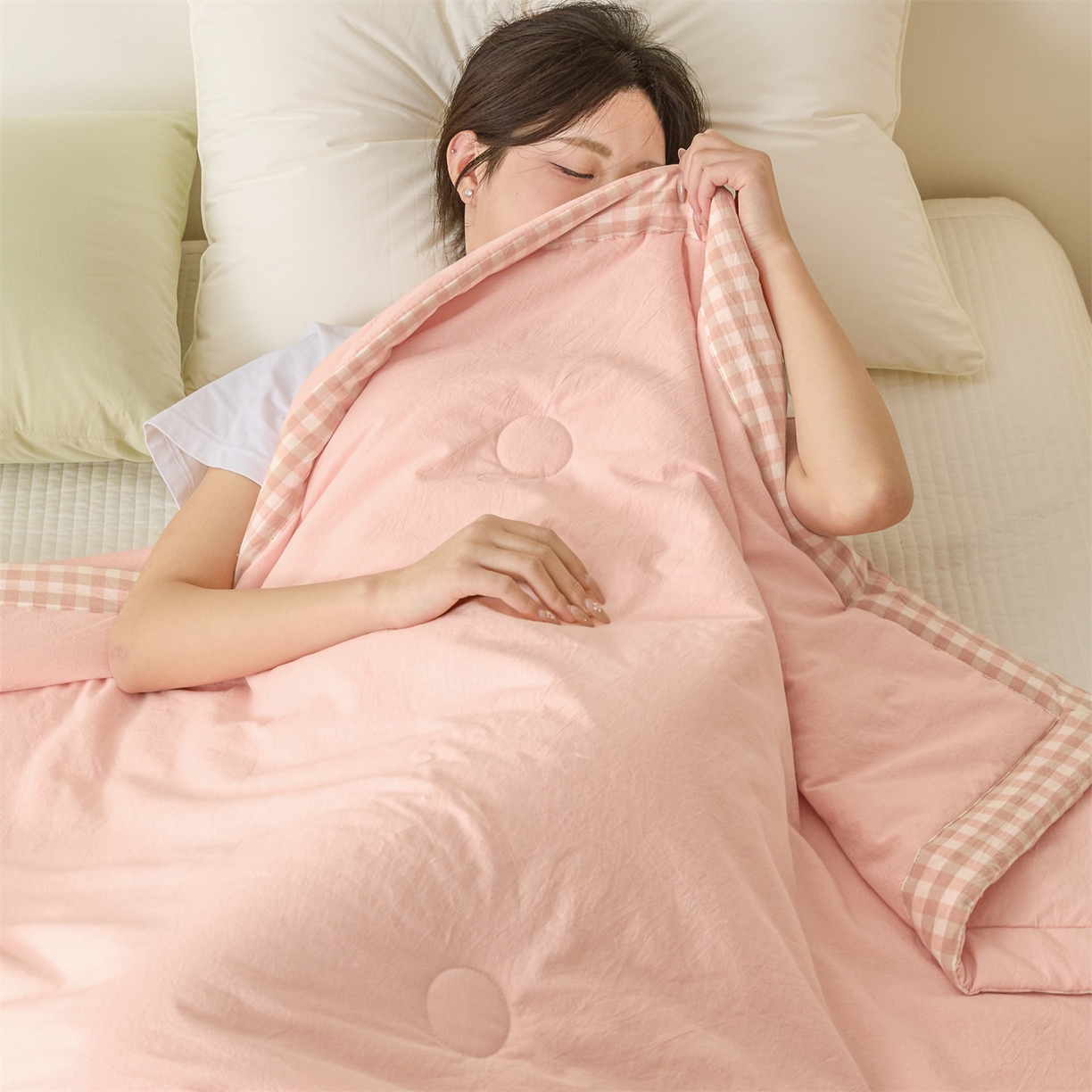 91家纺网 家纺一手货源 找家纺 创优家纺 2026新款无印风21%大豆夏凉被大豆纤维手包边款夏凉被夏被空调被子被芯 良品-粉色