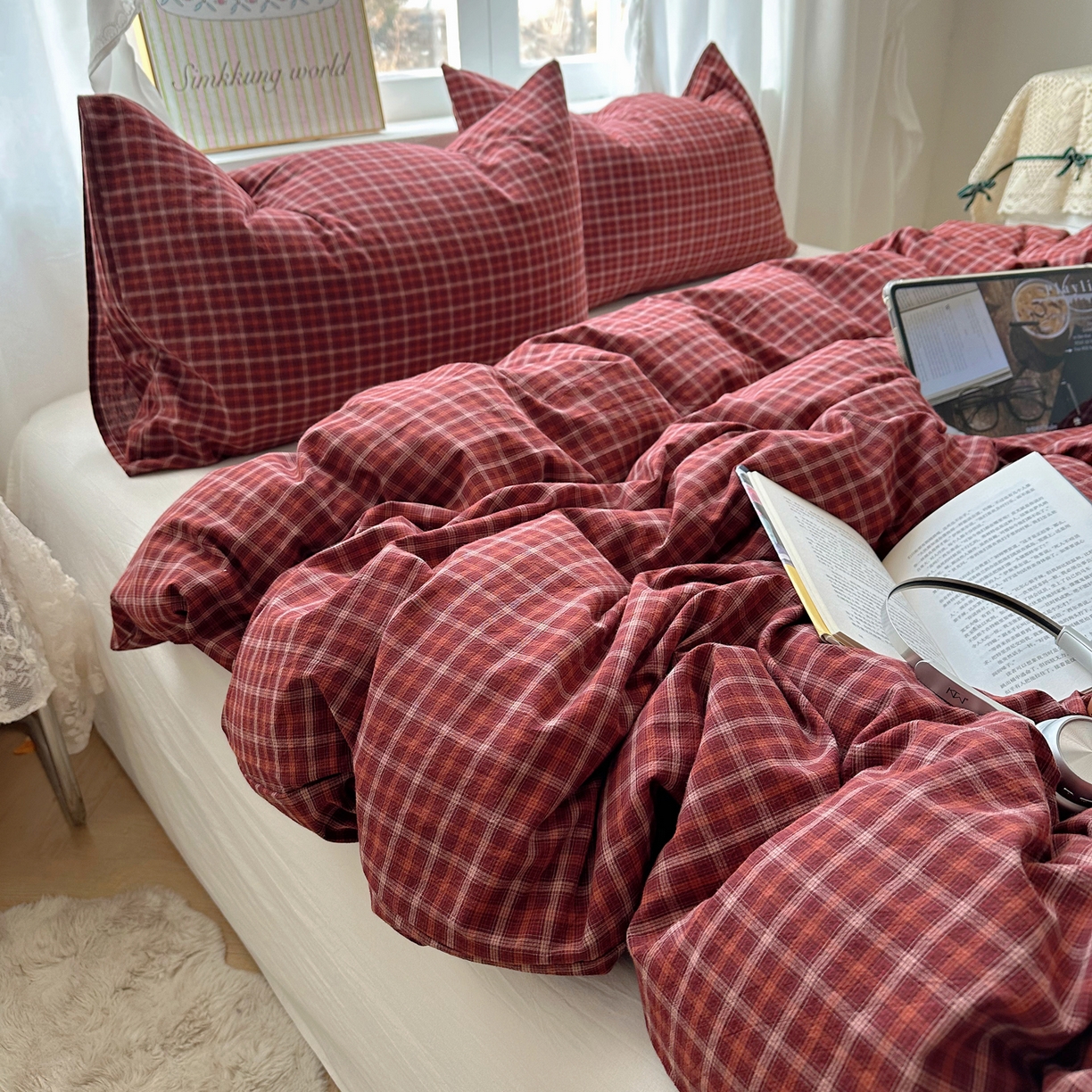 六巷胡同 2026新款A类全棉纯棉水洗棉色织格子单品被套 被套单件 追光-红格