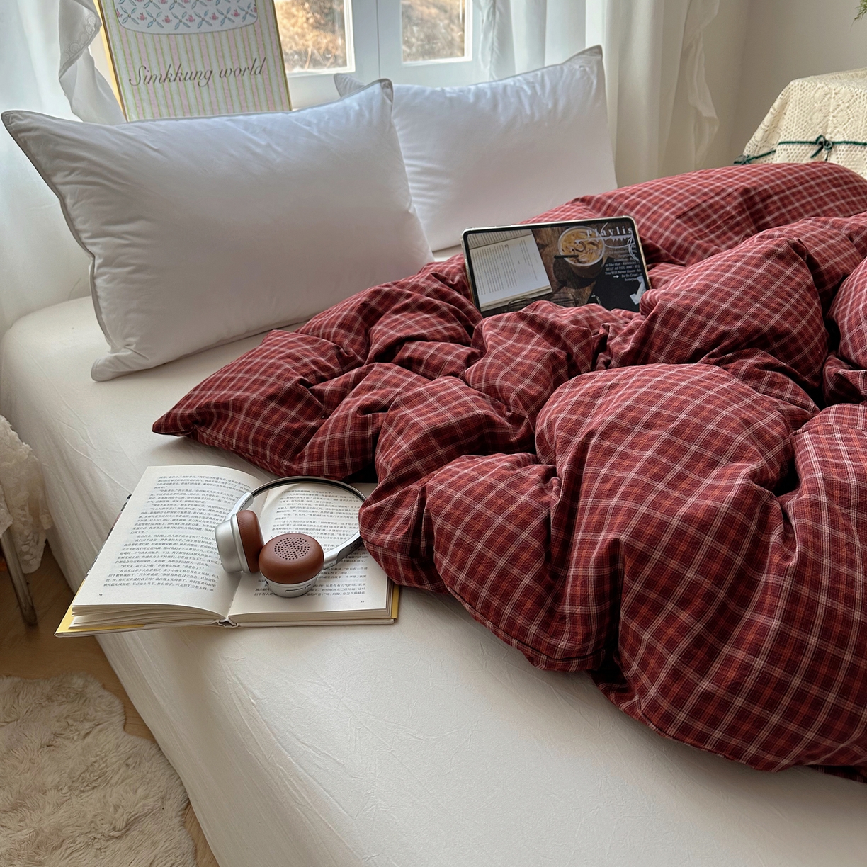 91家纺网 家纺一手货源 找家纺 六巷胡同 2026新款A类全棉纯棉水洗棉色织格子单品被套 被套单件 追光-红格