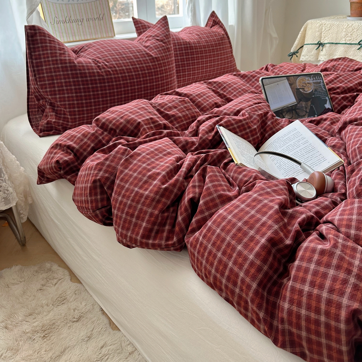 91家纺网 家纺一手货源 找家纺 六巷胡同 2026新款A类全棉纯棉水洗棉色织格子单品被套 被套单件 追光-红格