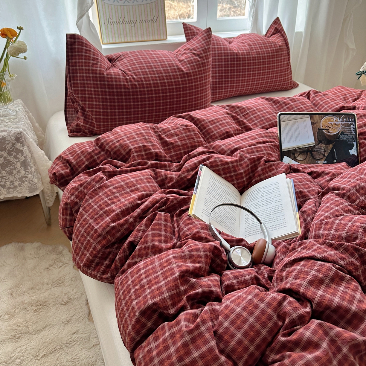 91家纺网 家纺一手货源 找家纺 六巷胡同 2026新款A类全棉纯棉水洗棉色织格子单品被套 被套单件 追光-红格