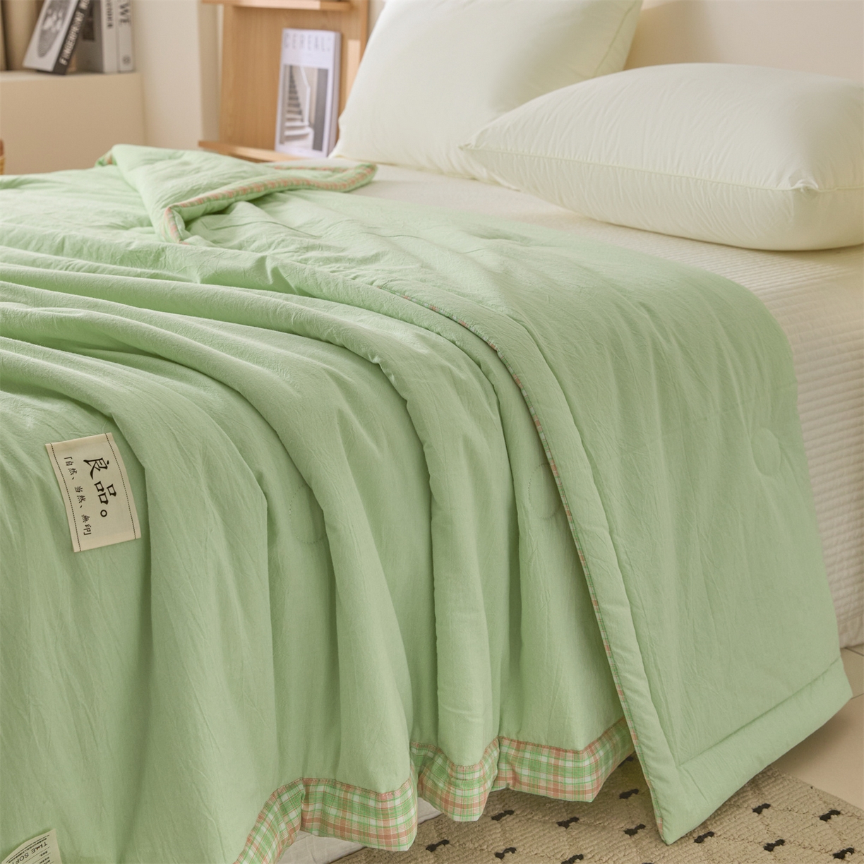 91家纺网 家纺一手货源 找家纺 创优家纺 2026新款无印风21%大豆夏凉被大豆纤维手包边款夏凉被夏被空调被子被芯 良品-果绿