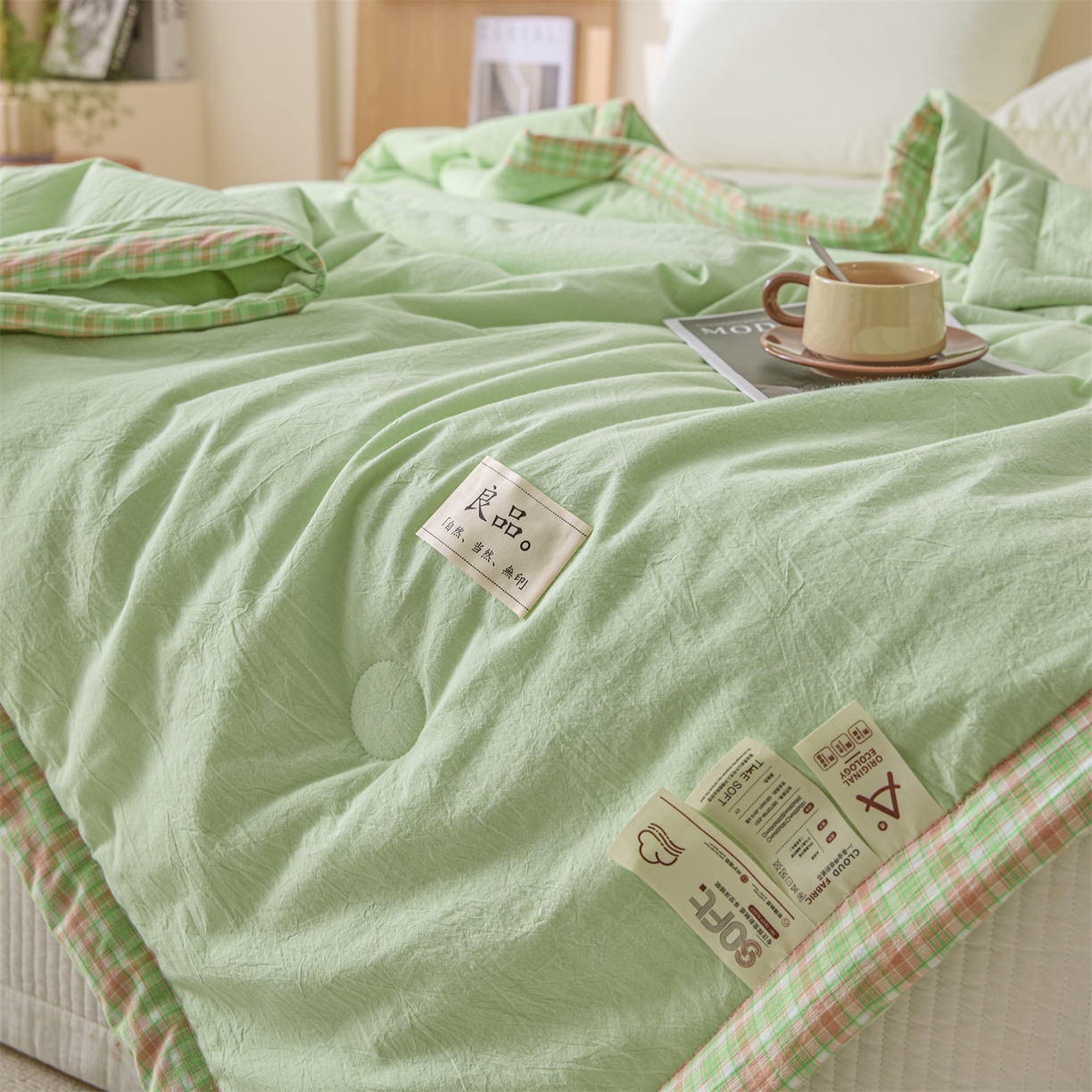 91家纺网 家纺一手货源 找家纺 创优家纺 2026新款无印风21%大豆夏凉被大豆纤维手包边款夏凉被夏被空调被子被芯 良品-果绿