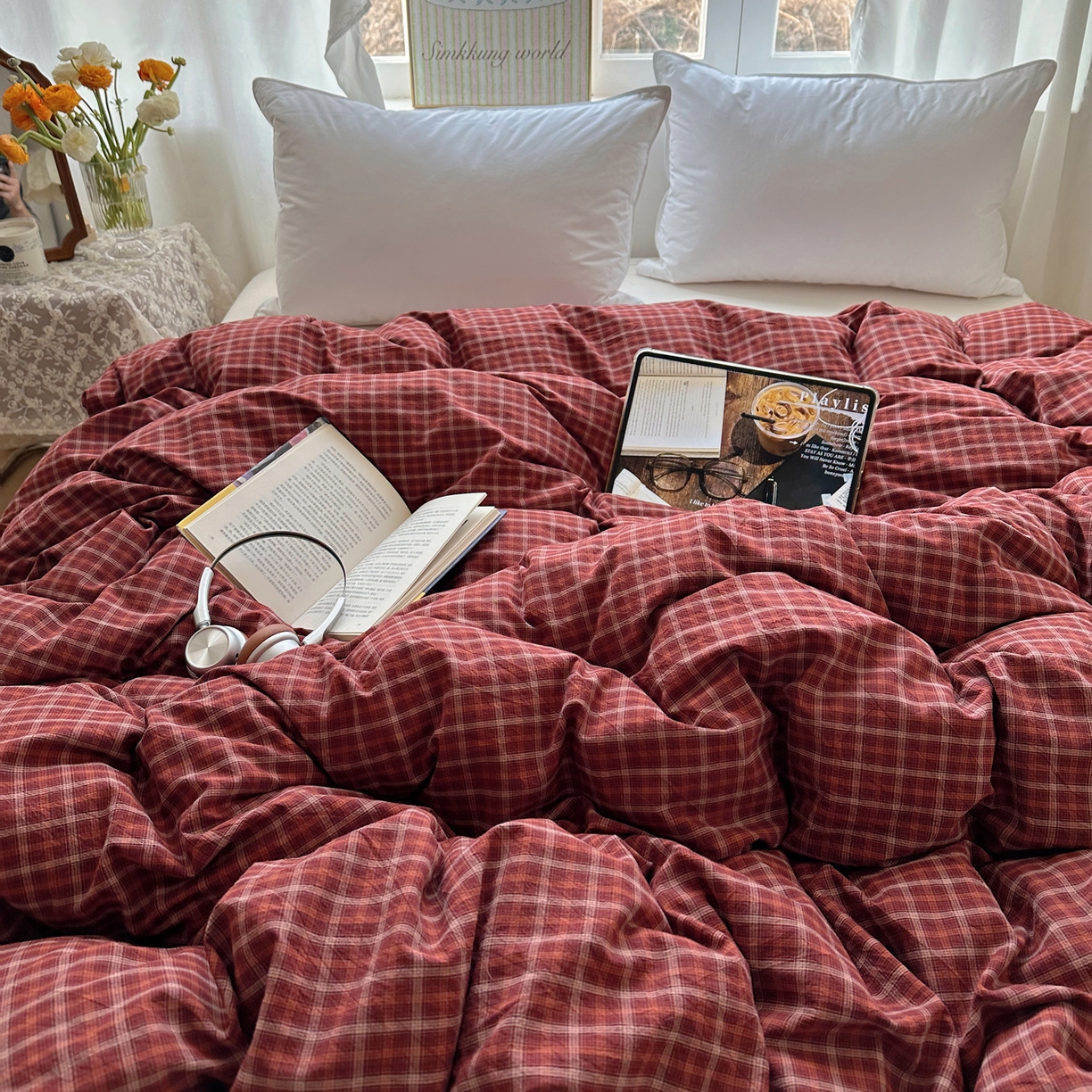 91家纺网 家纺一手货源 找家纺 六巷胡同 2026新款A类全棉纯棉水洗棉色织格子单品被套 被套单件 追光-红格