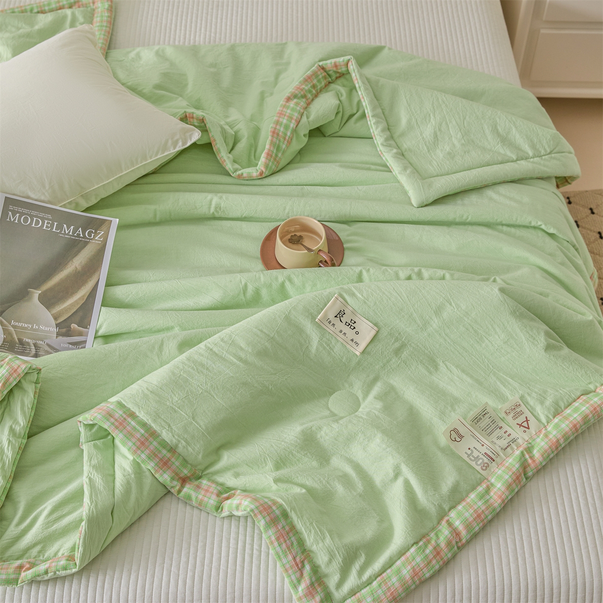 91家纺网 家纺一手货源 找家纺 创优家纺 2026新款无印风21%大豆夏凉被大豆纤维手包边款夏凉被夏被空调被子被芯 良品-果绿