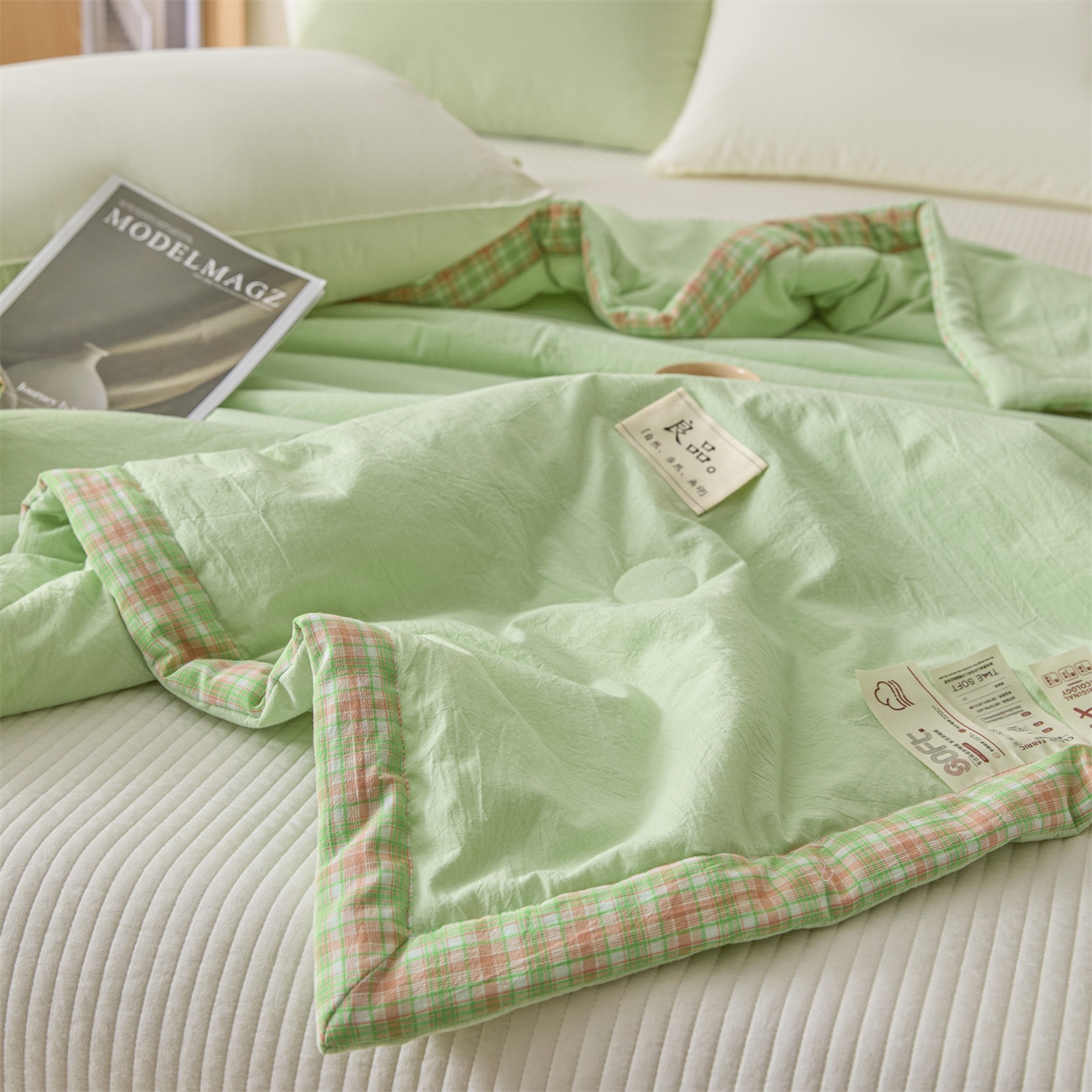 91家纺网 家纺一手货源 找家纺 创优家纺 2026新款无印风21%大豆夏凉被大豆纤维手包边款夏凉被夏被空调被子被芯 良品-果绿