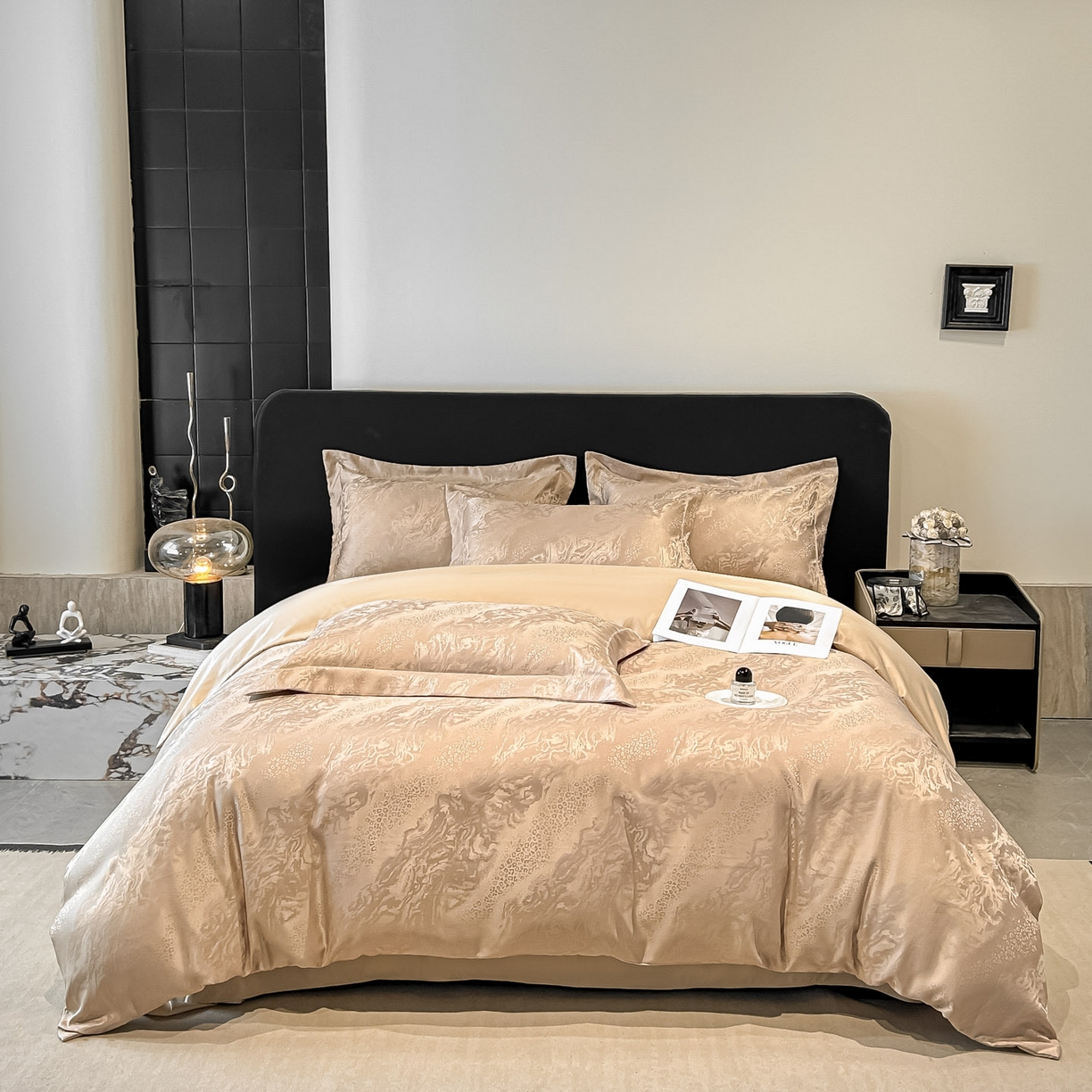 91家纺网 家纺一手货源 找家纺 金阳光家纺 2026新款A类简奢款水洗真丝天丝亮丝提花四件套 梵希-香槟