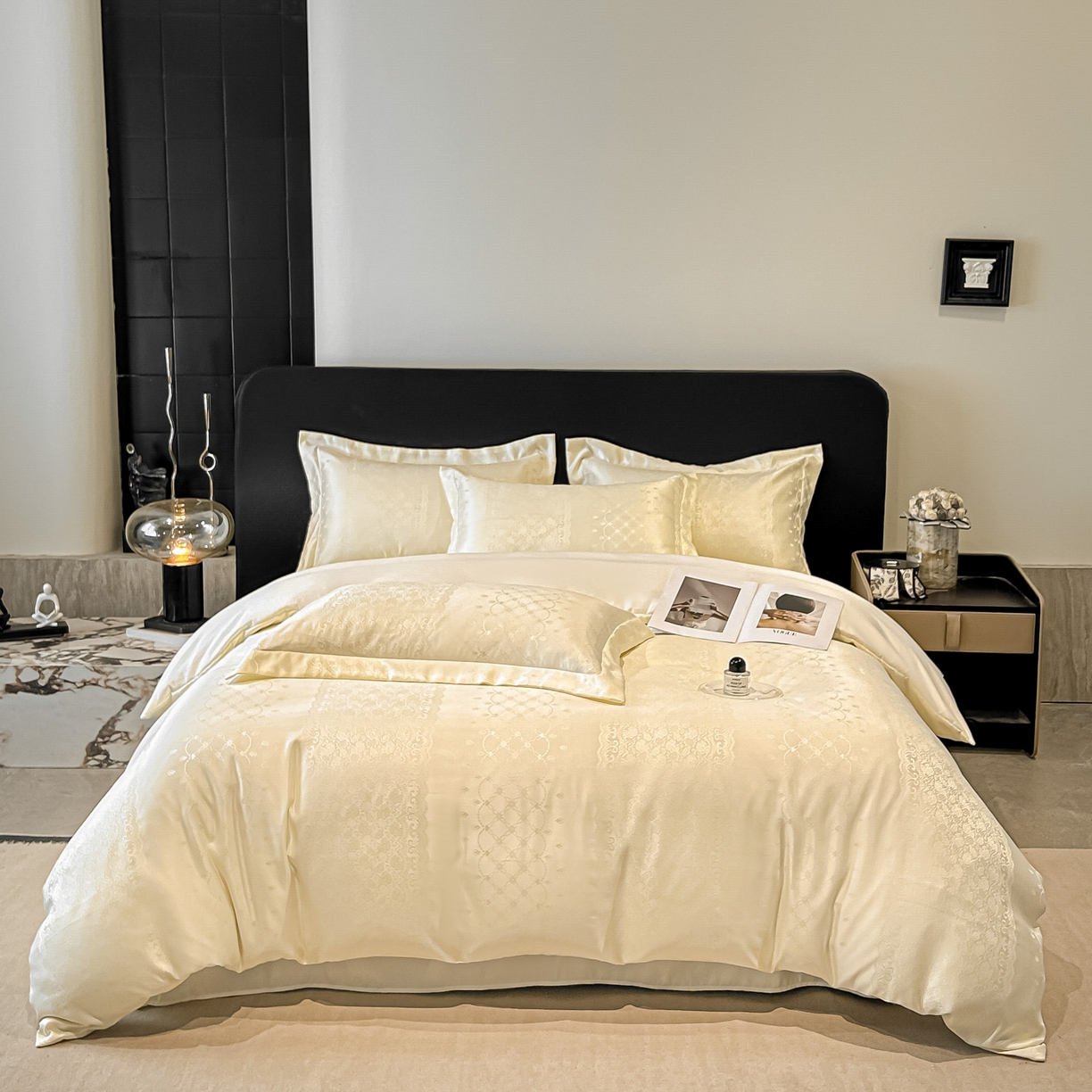 91家纺网 家纺一手货源 找家纺 金阳光家纺 2026新款A类简奢款水洗真丝天丝亮丝提花四件套 浮生若梦-米白