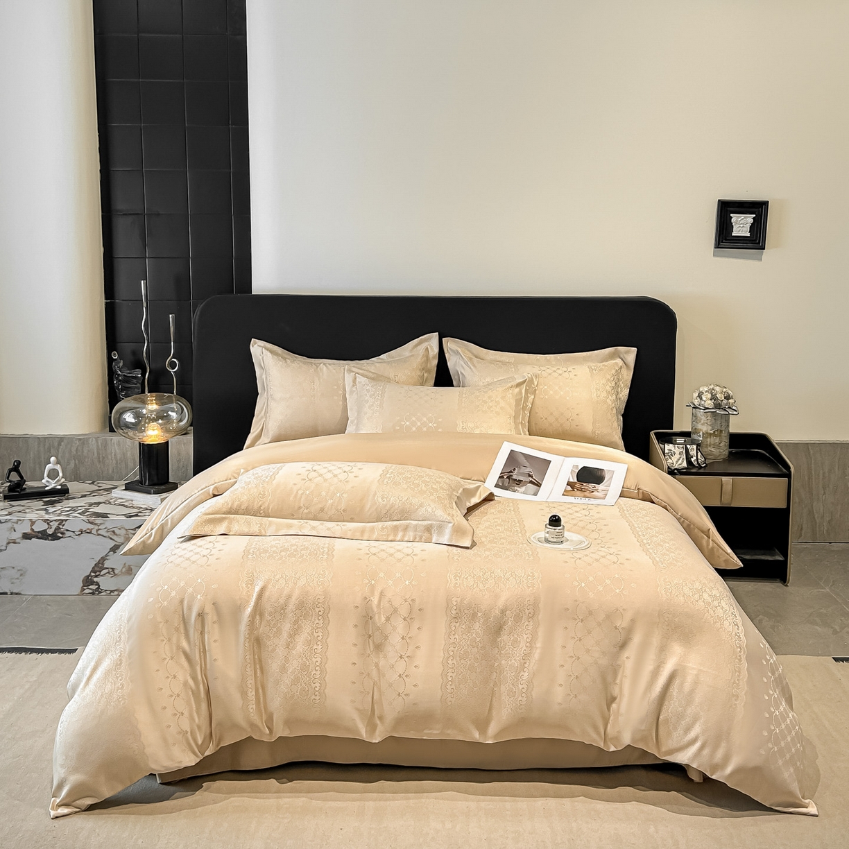 91家纺网 家纺一手货源 找家纺 金阳光家纺 2026新款A类简奢款水洗真丝天丝亮丝提花四件套 浮生若梦-香槟