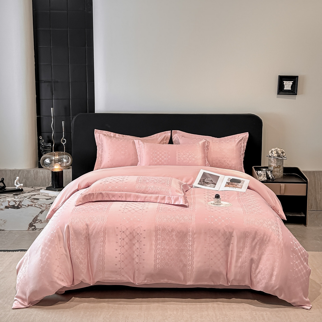 91家纺网 家纺一手货源 找家纺 金阳光家纺 2026新款A类简奢款水洗真丝天丝亮丝提花四件套 浮生若梦-豆沙