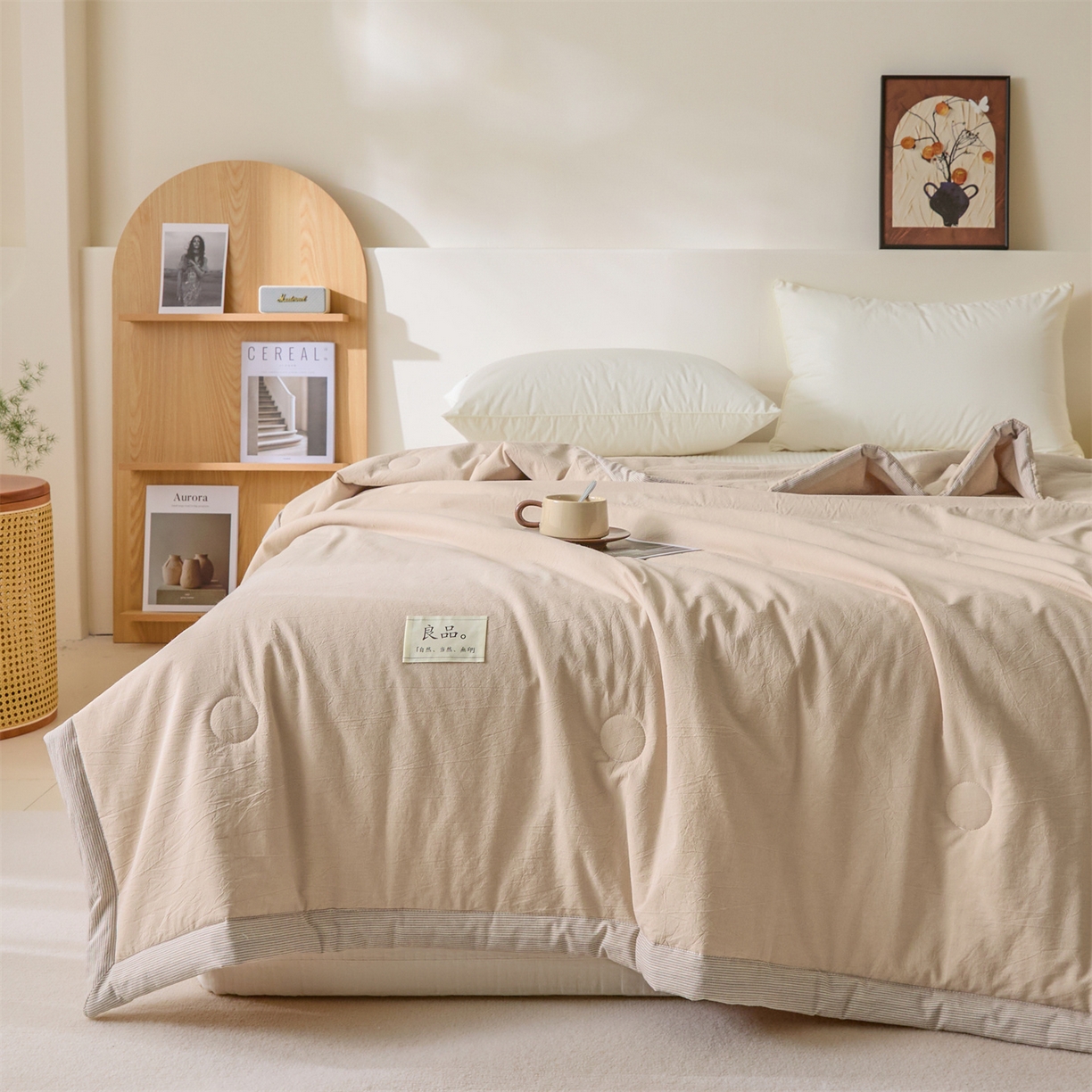 91家纺网 家纺一手货源 找家纺 创优家纺 2026新款无印风21%大豆夏凉被大豆纤维手包边款夏凉被夏被空调被子被芯 良品-卡其