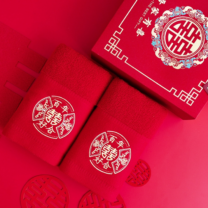 91家纺网 家纺一手货源 找家纺 朴尔家纺-毛巾被 2026新款全棉纯棉红色系喜庆婚庆伴手礼新婚回礼绣花毛巾-场景一 好合百年 35x75cm毛巾