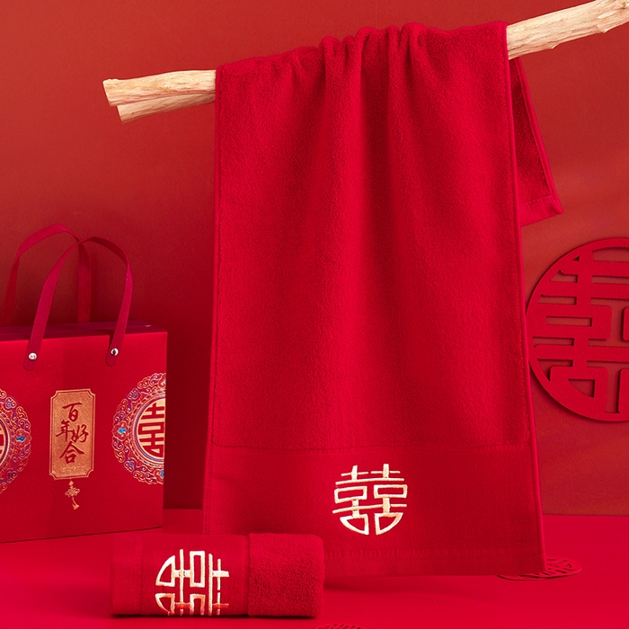 朴尔家纺-毛巾被 2026新款全棉纯棉红色系喜庆婚庆伴手礼新婚回礼绣花毛巾-场景一 喜上心头 礼盒