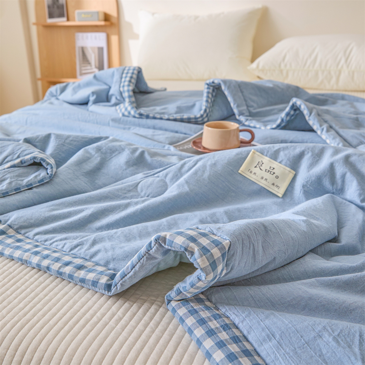 91家纺网 家纺一手货源 找家纺 创优家纺 2026新款无印风21%大豆夏凉被大豆纤维手包边款夏凉被夏被空调被子被芯 良品-蓝色