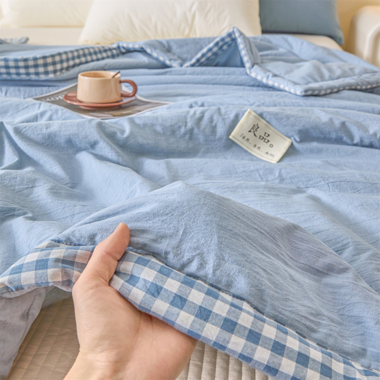 91家纺网 家纺一手货源 找家纺 创优家纺 2026新款无印风21%大豆夏凉被大豆纤维手包边款夏凉被夏被空调被子被芯 良品-蓝色