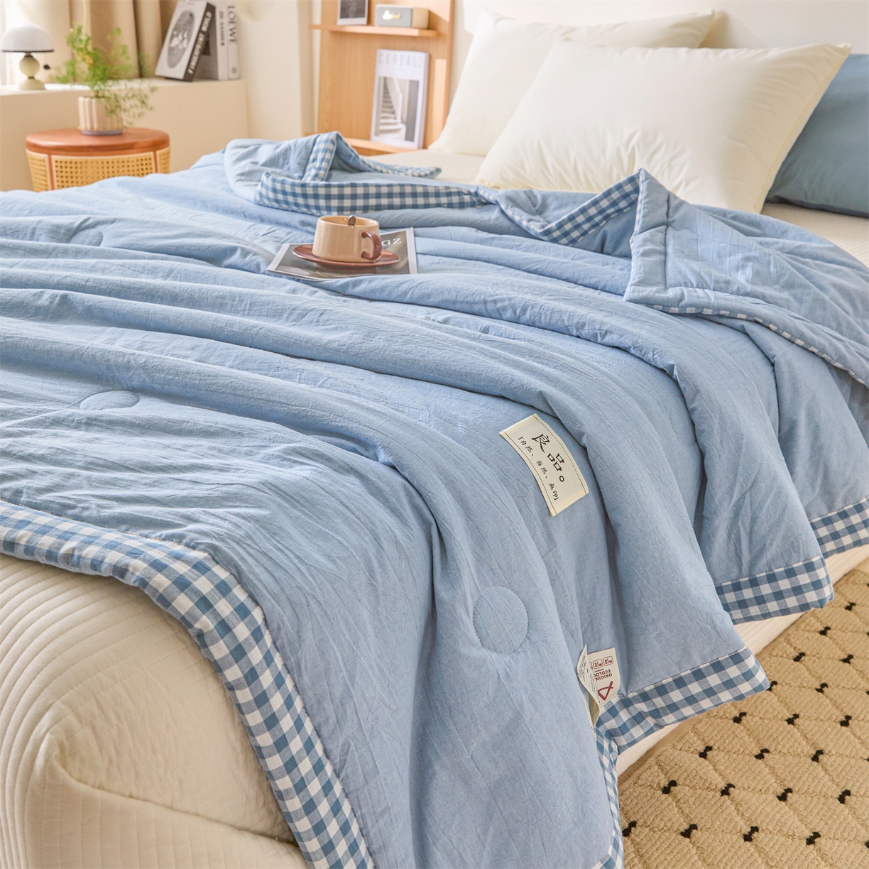 91家纺网 家纺一手货源 找家纺 创优家纺 2026新款无印风21%大豆夏凉被大豆纤维手包边款夏凉被夏被空调被子被芯 良品-蓝色