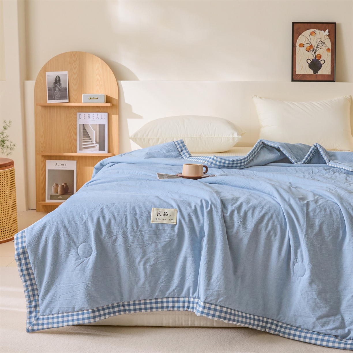 91家纺网 家纺一手货源 找家纺 创优家纺 2026新款无印风21%大豆夏凉被大豆纤维手包边款夏凉被夏被空调被子被芯 良品-蓝色
