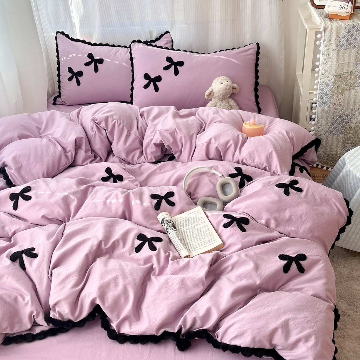 金阳光家纺 2026新款古法水洗仿棉毛球款四件套 毛球-紫色蝴蝶结