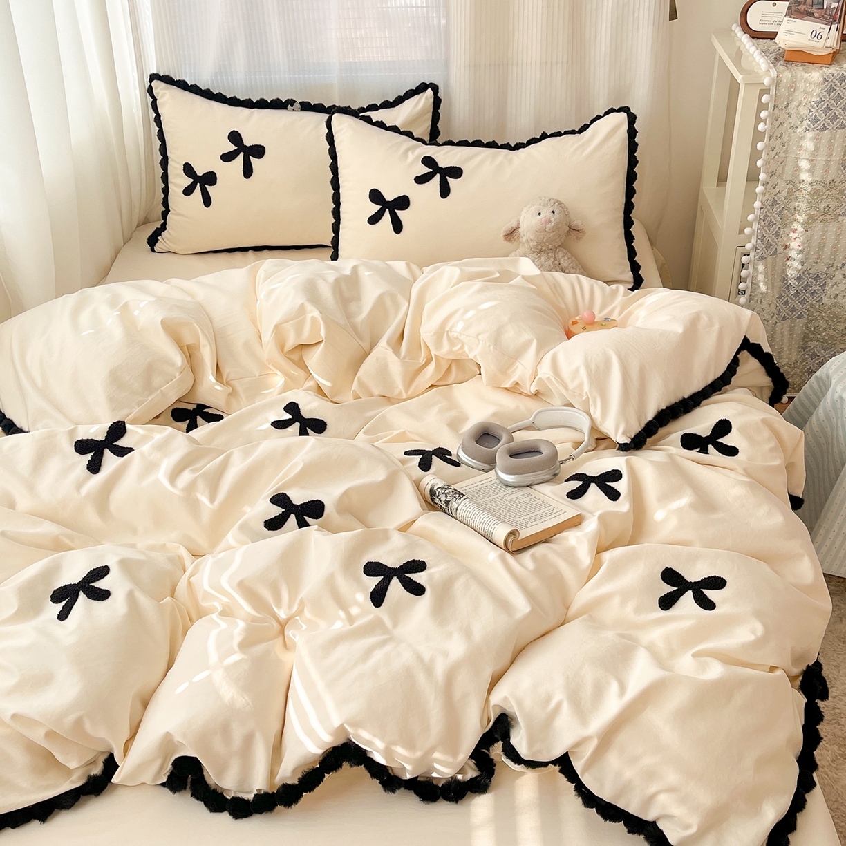 金阳光家纺 2026新款古法水洗仿棉毛球款四件套 毛球-奶白蝴蝶结