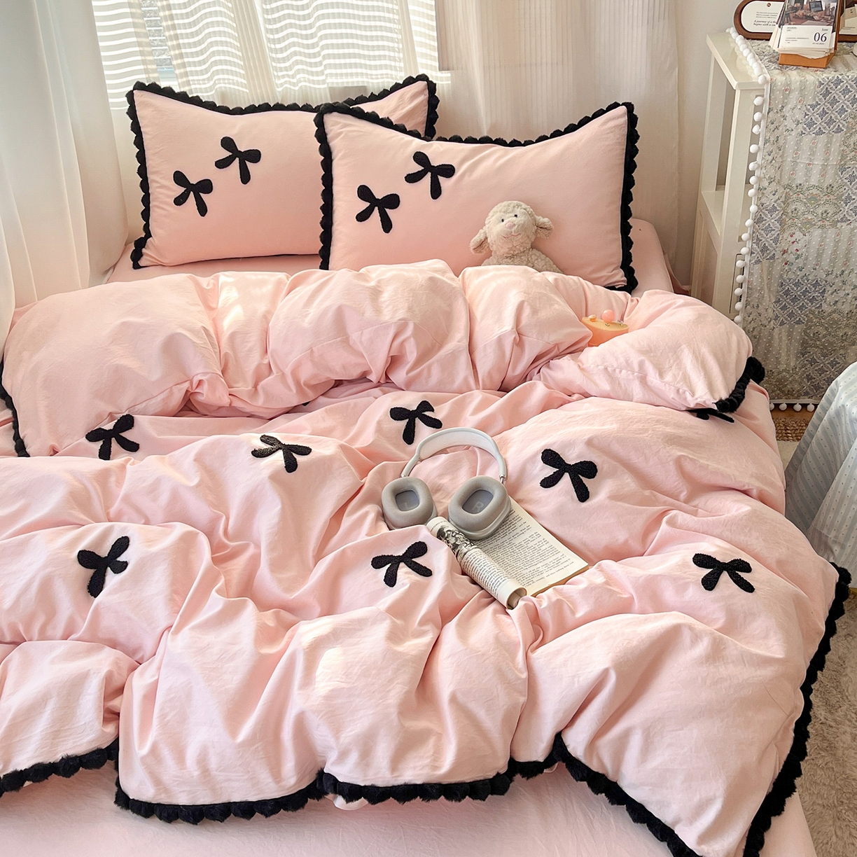 金阳光家纺 2026新款古法水洗仿棉毛球款四件套 毛球-粉色蝴蝶结