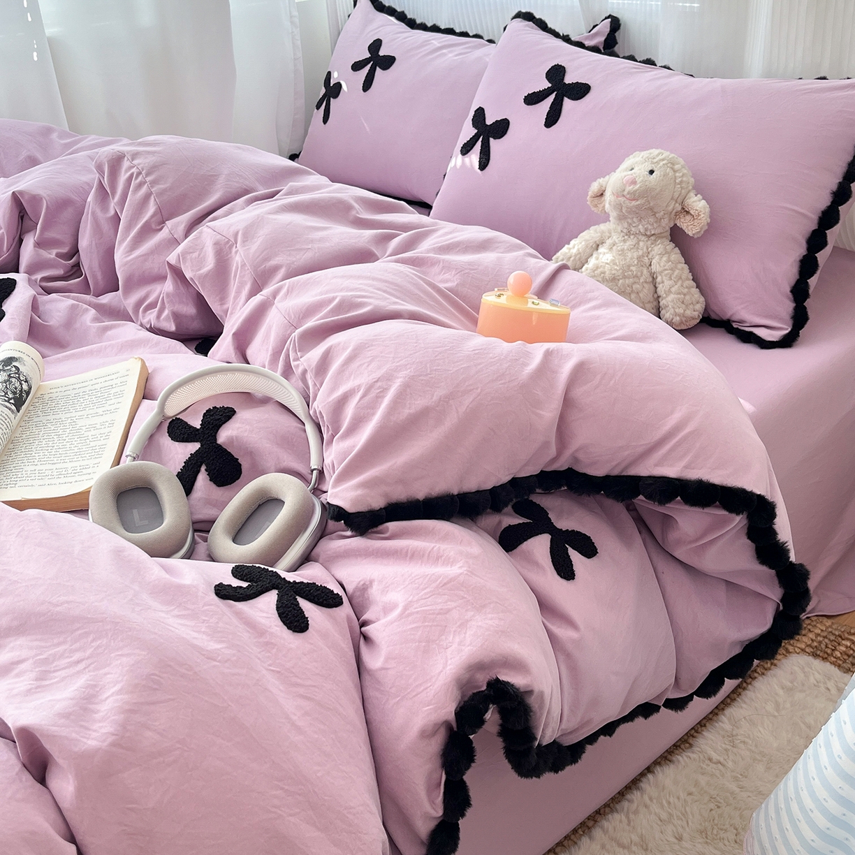 91家纺网 家纺一手货源 找家纺 金阳光家纺 2026新款古法水洗仿棉毛球款四件套 毛球-紫色蝴蝶结