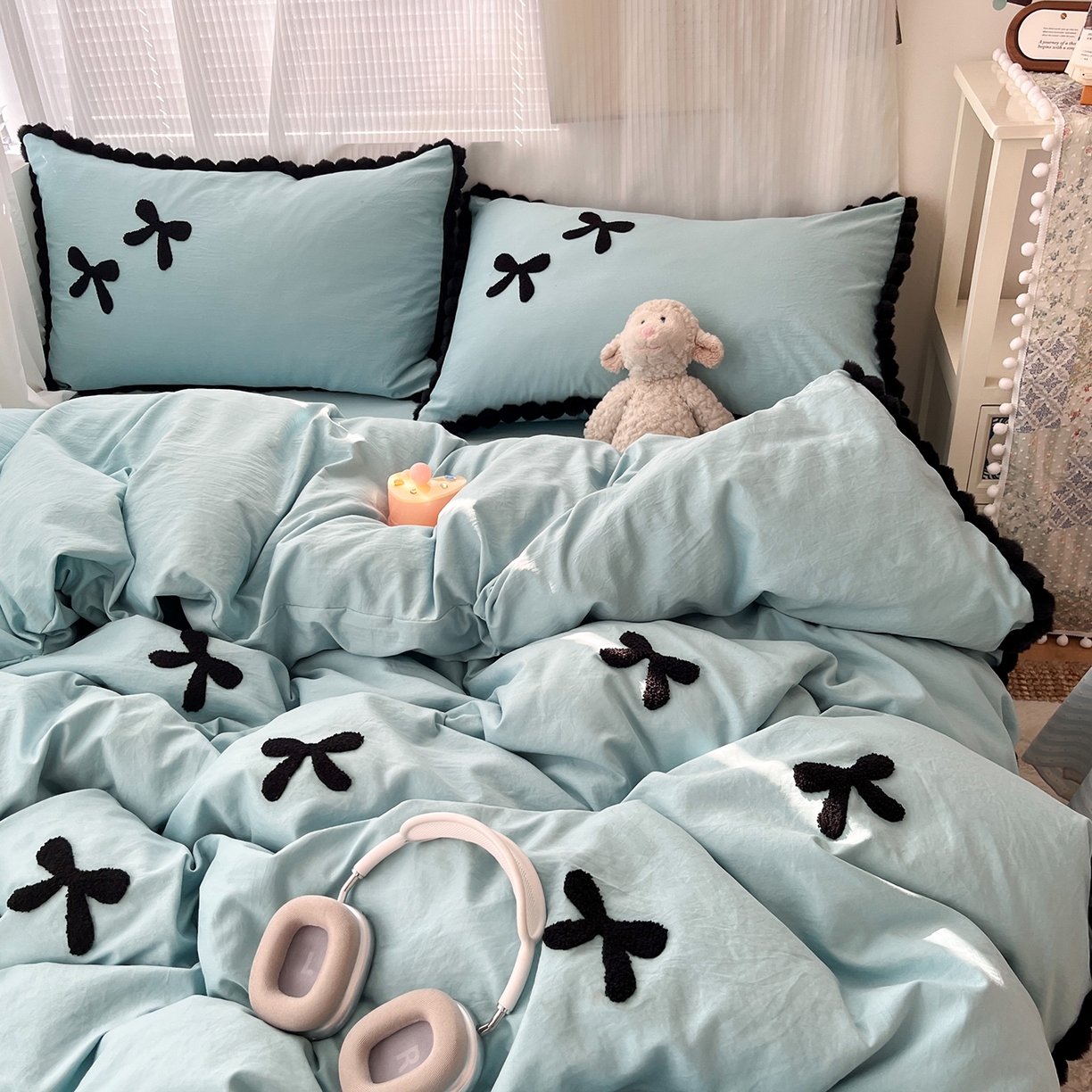 91家纺网 家纺一手货源 找家纺 金阳光家纺 2026新款古法水洗仿棉毛球款四件套 毛球-薄荷绿蝴蝶结