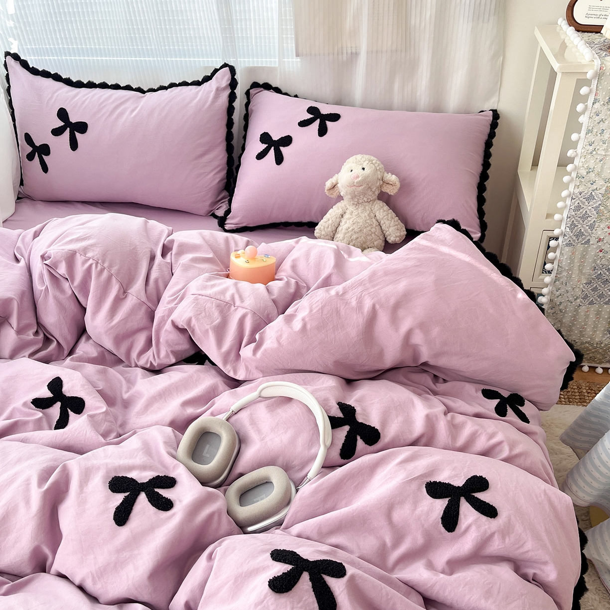 91家纺网 家纺一手货源 找家纺 金阳光家纺 2026新款古法水洗仿棉毛球款四件套 毛球-紫色蝴蝶结