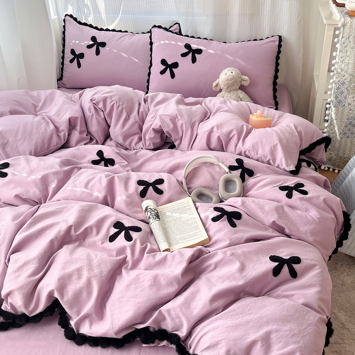 91家纺网 家纺一手货源 找家纺 金阳光家纺 2026新款古法水洗仿棉毛球款四件套 毛球-紫色蝴蝶结