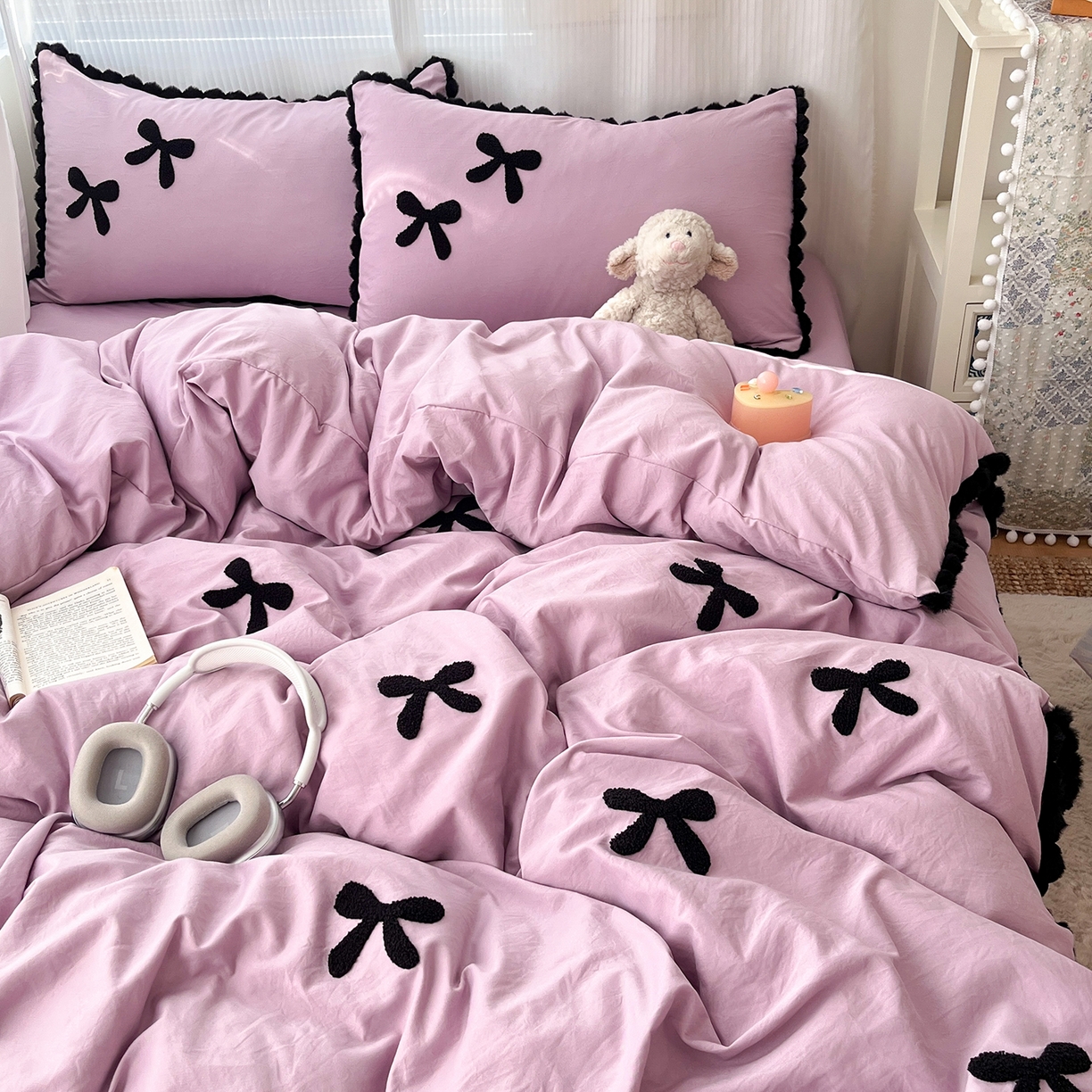 91家纺网 家纺一手货源 找家纺 金阳光家纺 2026新款古法水洗仿棉毛球款四件套 毛球-紫色蝴蝶结