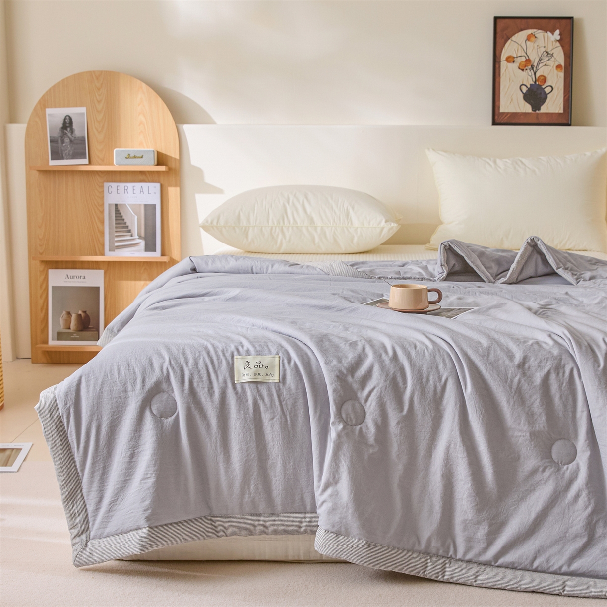 91家纺网 家纺一手货源 找家纺 创优家纺 2026新款无印风21%大豆夏凉被大豆纤维手包边款夏凉被夏被空调被子被芯 良品-浅灰